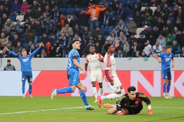 07.11.2024, xtvx, Fussball UEFA Europa League, TSG 1899 Hoffenheim - Olympique Lyon emspor, v.l. Goal scored, Tor zum 1:0 Valentin Gendrey (TSG 1899 Hoffenheim) Torjubel, Goal celebration, celebrate the goal, celebrates scoring (DFL DFB REGULATIONS PROHIBIT ANY USE OF PHOTOGRAPHS as IMAGE SEQUENCES and or QUASI-VIDEO) Sinsheim