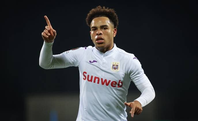 Anderlecht s Mario Stroeykens celebrates after scoring during a soccer match between Latvian Rigas FS and Belgian RSC Anderlecht, in Riga, Latvia, Thursday 07 November 2024, on the fourth day of the League phase of the UEFA Europa League tournament. VIRGINIExLEFOUR  x104842578x