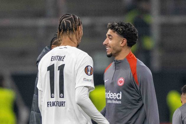 Hugo EkitikÃ (Eintracht Frankfurt) Omar Marmoush (Eintracht Frankfurt) celebrate after winning during the UEFA Europa League 2024 25 League Phase MD4 match between Eintracht Frankfurt v SK Slavia Praha at Deutsche Bank Park on November 7, 2024 in Frankfurt am Main, Germany. not used in POL SRB CRO FRA GBR NED ITA USA Defodi-747_747_20241107_EFSlPr_000000141