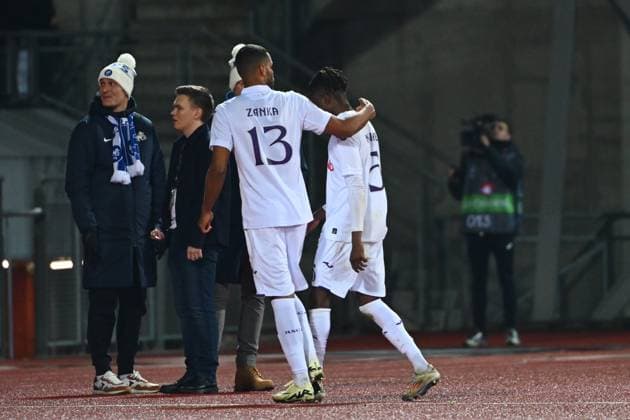 KF RFS v RSC Anderlecht - UEFA Europa League RIGA, LATVIA - NOVEMBER 07 : Jorgensen Zanka Mathias defender of RSC Anderlecht and N Diaye Moussa defender of RSC Anderlecht dejected during the UEFA Europa League phase matchday 4 between KF RFS and RSC Anderlecht on November 7, 2024 in Riga Daugava, Latvia, 07 11 2024 Riga Daugava Latvia  Copyright: xVincentxKalutx