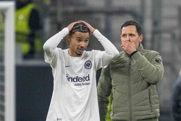 Hugo EkitikÃ (Eintracht Frankfurt) Dino Toppmöller (Eintracht Frankfurt) celebrate after winning during the UEFA Europa League 2024 25 League Phase MD4 match between Eintracht Frankfurt v SK Slavia Praha at Deutsche Bank Park on November 7, 2024 in Frankfurt am Main, Germany. not used in POL SRB CRO FRA GBR NED ITA USA Defodi-747_747_20241107_EFSlPr_000000135
