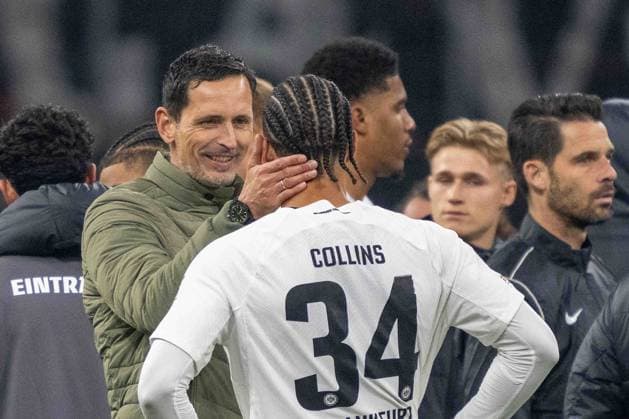 Sport Bilder des Tages Nnamdi Collins (Eintracht Frankfurt) Dino Toppmöller (Eintracht Frankfurt) celebrate after winning during the UEFA Europa League 2024 25 League Phase MD4 match between Eintracht Frankfurt v SK Slavia Praha at Deutsche Bank Park on November 7, 2024 in Frankfurt am Main, Germany. not used in POL SRB CRO FRA GBR NED ITA USA Defodi-747_747_20241107_EFSlPr_000000138