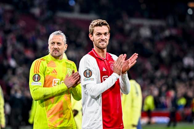 AFC Ajax Amsterdam goalkeeper Remko Pasveer, AFC Ajax Amsterdam defender Daniele Rugani, during the match Ajax - Maccabi Tel Aviv at the Johan Cruijff ArenA for the UEFA Europa League - League phase - Matchday 4 season 2024-2025 in AMSTERDAM, Netherlands on 7 november 2024, (photo by Stefan Koops EYE4images DeFodi Images) not used in POL SRB CRO FRA GBR NED ITA USA Defodi-746_198932