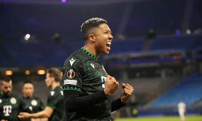 Foto: Torjubel beim 4-0 , der Torschütze Matheus Saldanha (Budapest) Fußball Europa League, Dynamo Kiew - TC Ferencvaros Budapest 0 - 4, Vorrunde, 4. Spieltag, Do. 07.11.2024 Volksparkstadion, Hamburg