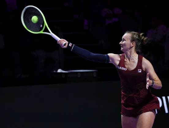 (241108) -- RIYADH, Nov. 8, 2024 -- Barbora Krejcikova of the Czech Republic hits a return during the round robin match against Coco Gauff of the United States at WTA, Tennis Damen Finals tennis tournament in Riyadh, Saudi Arabia, Nov. 7, 2024. ) (SP)SAUDI ARABIA-RIYADH-TENNIS-WTA FINALS-KREJCIKOVA VS GAUFF LuoxChen 