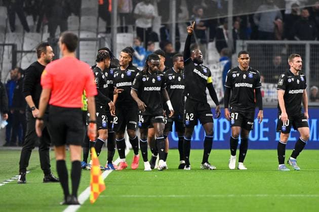 Olympique de Marseille v AJ Auxerre - Ligue 1 MCDonald s 2024 2025 92 Clement AKPA (aja) - 14 Gideon MENSAH (aja) - 42 Elisha OWUSU (aja) - 97 Rayan RAVELOSON (aja) - 10 Gaetan PERRIN (aja) during the Ligue 1 MCDonald s match between Marseille and Auxerre at Orange Velodrome on November 8, 2024 in Marseille, France. Marseille France  Copyright: xFEPx 776235213