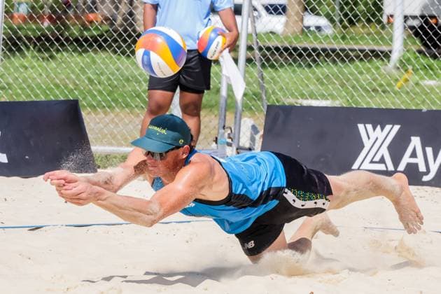 (241109) -- LAGUNA PROVINCE, Nov. 9, 2024 -- D Artagnan Potts of Australia saves the ball during the men s quarterfinal between Dmitriy Yakovlev Sergey Bogatu of Kazakhstan and D Artagnan Potts Jack Pearse of Australia at the Asian Volleyball Confederation (AVC) 2024 Asian Senior Beach volleyball, Beachvolleyball Championships in Laguna Province, the Philippines, on Nov. 9, 2024. ) (SP)PHILIPPINES-LAGUNA PROVINCE-AVC 2024 ASIAN SENIOR BEACH VOLLEYBALL CHAMPIONSHIPS ROUELLExUMALI 
