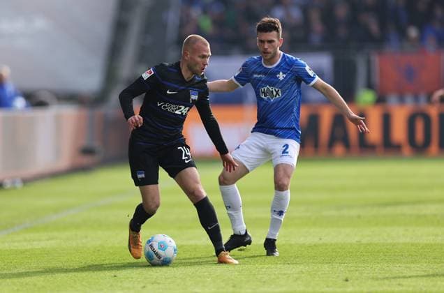 09.11.2024, xdcx, Fussball 2. Bundesliga, SV Darmstadt 98 - Hertha BSC Berlin, emonline, emspor, despor, v.l., Jon Dagur Thorsteinsson (Hertha BSC Berlin), Sergio Lopez (SV Darmstadt 98) DFL DFB REGULATIONS PROHIBIT ANY USE OF PHOTOGRAPHS AS IMAGE SEQUENCES AND OR QUASI-VIDEO.