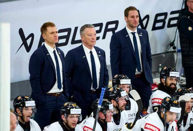 Harold Kreis DEB National coach of Germany, headcoach, team manager, Bundestrainer, Alexander Sulzer, Andre Rankel assistent coaches of Germany, Co-Trainer, Assistenztrainer, at the match GERMANY - DENMARK 5-6 n.P. DEB Ice hockey, Eishockey DEUTSCHLAND CUP in Landshut, Germany, November 7, 2024, Season 2024 2025.