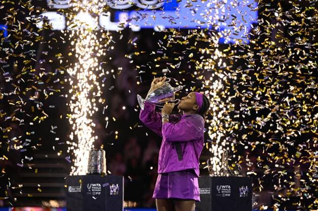 WTA, Tennis Damen Finals 2024 - Day 8 RIYADH, SAUDI ARABIA - NOVEMBER 09: Coco Gauff of USA during the Final match against Quinwen Zheng of China on Day 8 of the 2024 WTA Finals, part of the Hologic WTA Tour, held at King Saud University Indoor Arena, on November 09, 2024, in Riyadh, Saudi Arabia. Riyadh Saudi Arabia  Copyright: xArturxWidakx originalFilename:widak-wtafinal241109_nphSW.jpg