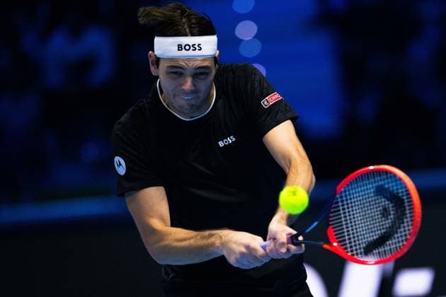 Taylor Fritz, of United States returns the ball to Daniil Medvedev during& xa0;their singles tennis match of the ATP, Tennis Herren World Tour Finals at the Pala Alpitour, in Turin, Italy - - Sunday, November 10, 2024.  Copyright: xMarcoxAlpozzi LaPressex