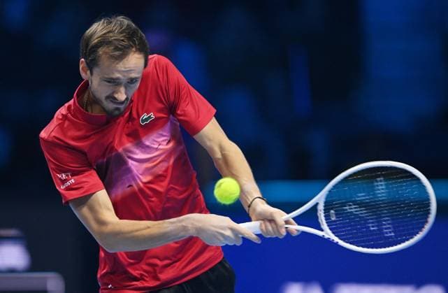 November 10, 2024, Turin: Daniil Medvedev of Russia plays his first match against Taylor Fritz oh USA during the match of Nitto ATP, Tennis Herren Finals in Turin, 10 november 2024 ..The first ATP men s singles prepares for the ATP Finals to be held from 10 to 17 November in Turin ANSA ALESSANDRO DI MARCO ATP Finals 2024, in campo Medvedev contro Fritz  - ZUMAa110 20241110_zaf_a110_012 Copyright: xAlessandroxDixMarcox