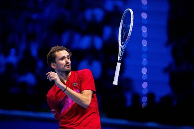 Daniil Medvede play with the racket during& xa0;their singles tennis match versus Taylor Fritz, of United States of the ATP, Tennis Herren World Tour Finals at the Pala Alpitour, in Turin, Italy - - Sunday, November 10, 2024.  Copyright: xMarcoxAlpozzi LaPressex