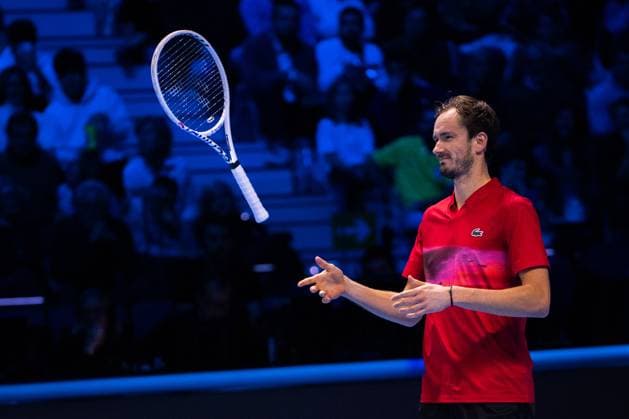 Daniil Medvede play with the racket during& xa0;their singles tennis match versus Taylor Fritz, of United States of the ATP, Tennis Herren World Tour Finals at the Pala Alpitour, in Turin, Italy - - Sunday, November 10, 2024.  Copyright: xMarcoxAlpozzi LaPressex