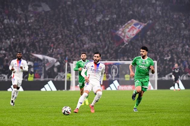 Olympique Lyonnais v AS Saint-Etienne - Ligue 1 MCDonald s 2024 2025 14 Louis MOUTON (asse) - 18 Rayan CHERKI (ol) during the Ligue 1 MCDonald s match between Olympique Lyonnais and Saint Etienne at Groupama Stadium on November 10, 2024 in Lyon, France. Lyon France  Copyright: xFEPx 776235301