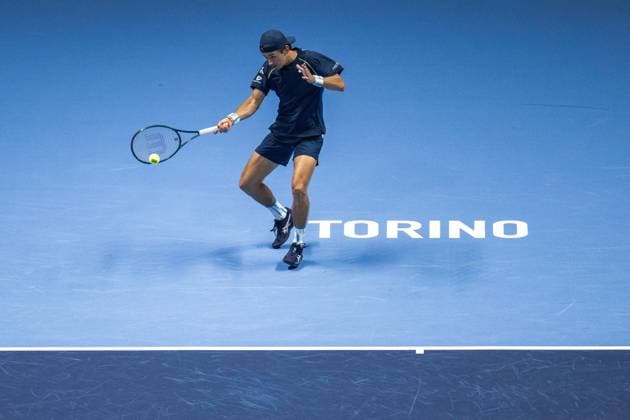 Australia s Alex de Minaur returns the ball to Italy s Jannik Sinner during& xa0;their singles tennis match of the ATP, Tennis Herren World Tour Finals at the Inalpi Arena in Turin, Italy - - Sunday, November 10, 2024.  Copyright: xMarcoxAlpozzi LaPressex