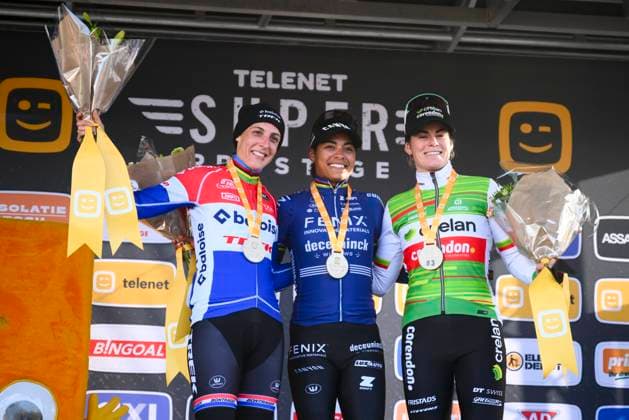 Telenet Superprestige cyclocross Deurne 2024 DEURNE, BELGIUM - NOVEMBER 11 : Del Carmen Alvarado Ceylin (NED) of Alpecin-Deceuninck, Brand Lucinda (NED) of Baloise Trek Lions and Norbert Riberolle Marion (BEL) of Crelan - Corendon during the podium ceremony of the 3th leg of the women Telenet Superprestige cyclocross series 2024-2025 in Deurne, Belgium, 11 11 2024 Deurne Belgium  Copyright: xGvgx