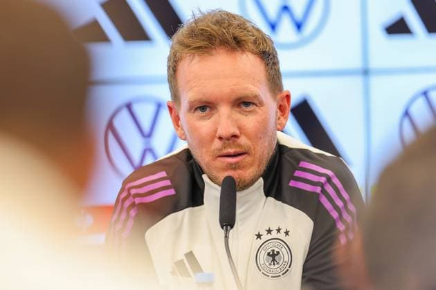 Sport Themen der Woche KW46 Sport Bilder des Tages Fussball, Bundestrainer Julian Nagelsmann spricht auf der Auftaktpressekonferenz am Frankfurt am Main, 11.11.2024 am DFB-Campus. Frankfurt am Main DFB-Campus Hessen Deutschland *** Football, national coach Julian Nagelsmann speaks at the kick-off press conference on Frankfurt am Main, 11 11 2024 at the DFB Campus Frankfurt am Main DFB Campus Hessen Germany