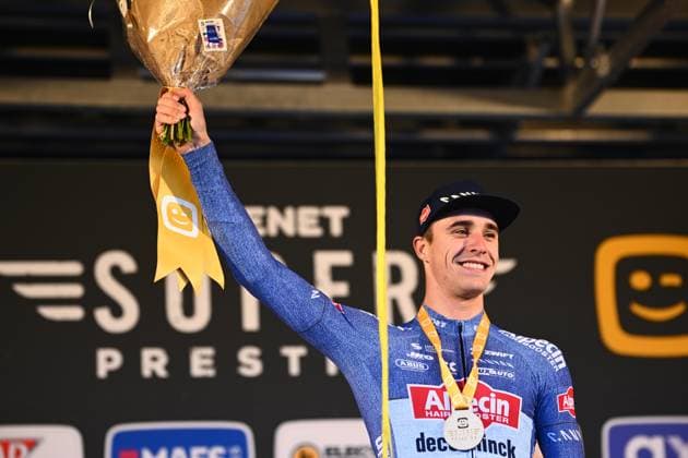 Telenet Superprestige cyclocross Niel 2024 NIEL, BELGIUM - NOVEMBER 11 : Sweeck Laurens (BEL) of Crelan - Corendon, Vandeputte Niels (BEL) of Alpecin-Deceuninck and Orts Lloret Felipe (SPA) of Ridley Racing Team during the podium Ceremony of the 3th leg of the men Elite Telenet Superprestige cyclocross series 2024-2025 in Niel, Belgium, 11 11 2024 Niel Belgium  Copyright: xGvgx