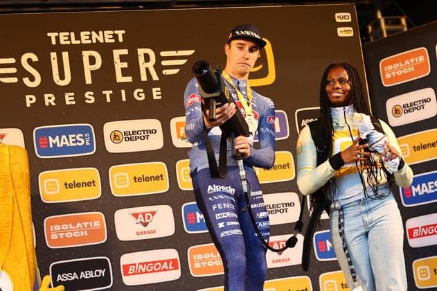 Third Belgian Niels Vandeputte celebrates on the podium of the men s elite race at the Jaarmarktcross cyclocross cycling event in Niel, race 3 8 of the Superprestige competition, Monday 11 November 2024. DAVIDxPINTENS  x105185134x