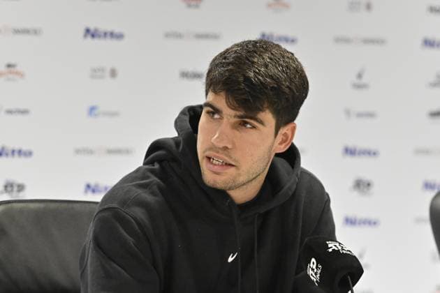 Tennis : ATP, Tennis Herren finals Torino 2024 - Carlos Alcaraz - Espagne - press conference, PK, Pressekonferenz Tennis : Atp finals Torino 2024 - Torino - 11 11 2024 ChrysleneCaillaud Panoramic 