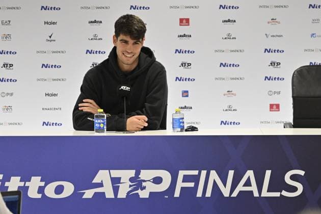 Tennis : ATP, Tennis Herren finals Torino 2024 - Carlos Alcaraz - Espagne - press conference, PK, Pressekonferenz Tennis : Atp finals Torino 2024 - Torino - 11 11 2024 ChrysleneCaillaud Panoramic 