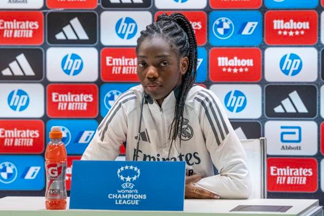November 12, 2024, Valdebebas, Madrid, Spain: press conference, PK, Pressekonferenz prior to the Women s Champions League match Real Madrid Femenino - Football Club Twente, Real Madrid player NAOMIE FELLER. Valdebebas Spain - ZUMAc312 20241112_zsp_c312_010 Copyright: xOscarxManuelxSanchezx