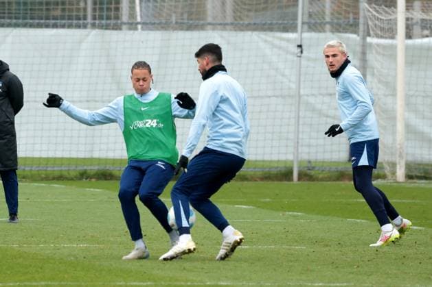 DEU, DFL, 2. FBL Hertha BSC, Training, 12.11.2024, Sportforum, Berlin, DEU, DFL, 2. FBL Hertha BSC, Training, im Bild Derry Scherhant (Hertha BSC Berlin 39), Andreas Bouchalakis (Hertha BSC Berlin 5), Marten Winkler (Hertha BSC Berlin 22) DFL - regulations prohibit any use of Photographs as image sequences and or quasi-video Foto: Juergen Engler nordphoto GmbH