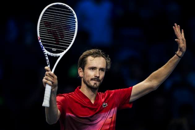 Nitto ATP, Tennis Herren Finals - Day Three Daniil Medvedev of Russia celebrates the victory at the end of his round robin singles match against Alex de Minaur of Australia during day three of the Nitto ATP Finals. Daniil Medvedev won the match 6-2, 6-4. Turin Italy Copyright: xNicolòxCampox