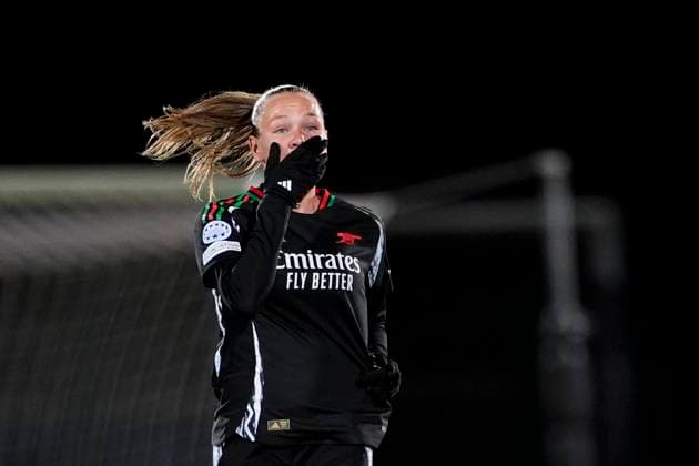 Arsenal Women s Frida Leonhardsen Maanum celebrates after scoring the 1-0 goal for his team during the UEFA Women s Champions League soccer match between Juventus Women and Arsenal Women Football Club at the Stadium Comunale Vittorio Pozzo La Marmora in Biella, north west Italy -Group C - 3 6 - November 12, 2024. - Soccer.  Copyright: xFabioxFerrari LaPressex