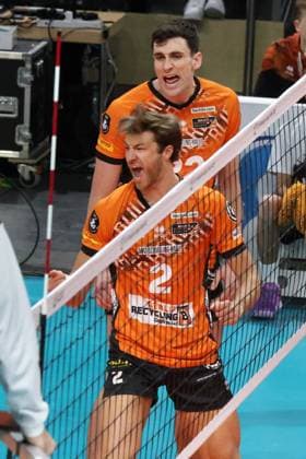 DEU, Champions League, BR Volleys vs. , 12.11.2024, Max-Schmeling-Halle, Berlin, DEU, Champions League, BR Volleys vs. Ljubljana im Bild Matthew Knigge (BR Volleys 2), Jake Hanes (BR Volleys 22) Foto: Juergen Engler nordphoto GmbH
