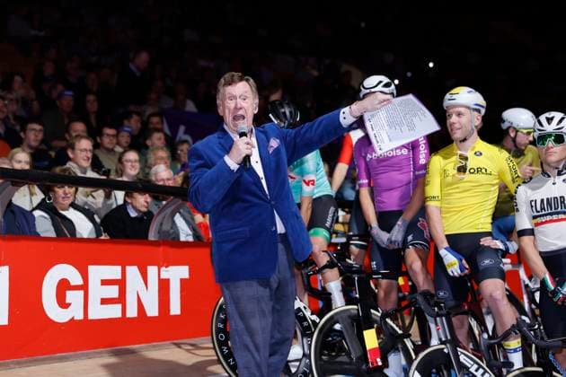 Lotto Six Days Flanders Ghent 2024 GENT, BELGIUM - NOVEMBER 12 : Riders sing with Koen Crucke pictured during the 83th edition of the Six Days of Flanders-Ghent. The Six Days of Ghent ( Zesdaagse van Gent in Dutch) is a cycling event on the Kuipke cycling track in the Citadel Park in Ghent. On November 12, 2024 in Gent, Belgium, 12 11 2024 Gent Belgium  Copyright: xJanxDexMeuleneirx