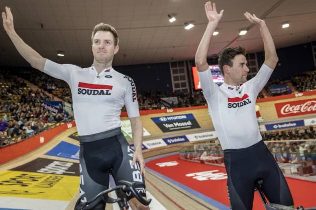 Dutch Youri Havik and Dutch Vincent Hoppezak pictured during the first day of the Zesdaagse Vlaanderen-Gent six-day indoor Track cycling, Rad, Radsport, Bahnrad, Bahn event at the indoor cycling arena t Kuipke, Tuesday 12 November 2024, in Gent. DAVIDxPINTENS  x105264004x
