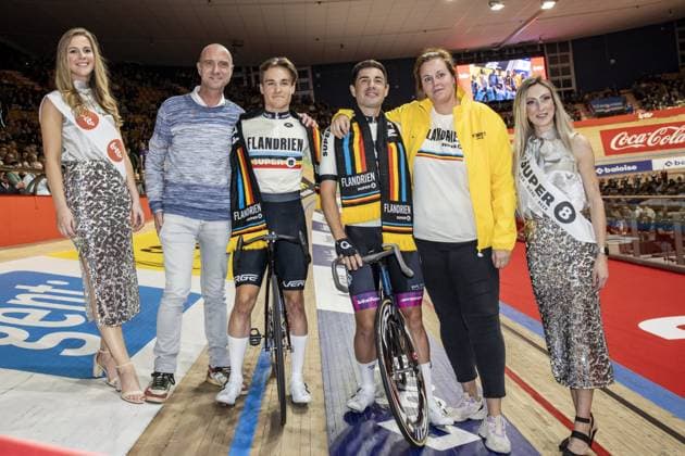 Belgian Milan Van den Haute and Spanish Sebastian mora vedri pictured during the first day of the Zesdaagse Vlaanderen-Gent six-day indoor Track cycling, Rad, Radsport, Bahnrad, Bahn event at the indoor cycling arena t Kuipke, Tuesday 12 November 2024, in Gent. DAVIDxPINTENS  x105264093x