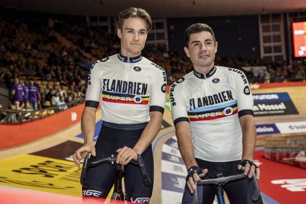 Belgian Milan Van den Haute and Spanish Sebastian mora vedri pictured during the first day of the Zesdaagse Vlaanderen-Gent six-day indoor Track cycling, Rad, Radsport, Bahnrad, Bahn event at the indoor cycling arena t Kuipke, Tuesday 12 November 2024, in Gent. DAVIDxPINTENS  x105264105x