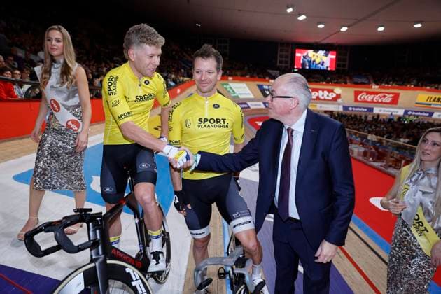 Lotto Six Days Flanders Ghent 2024 GENT, BELGIUM - NOVEMBER 12 : Hesters Jules (BEL) of Vlaanderen and Gate Aaron (NZL) of Sport Vlaanderen pictured with Patrick Sercu during the 83th edition of the Six Days of Flanders-Ghent. The Six Days of Ghent ( Zesdaagse van Gent in Dutch) is a cycling event on the Kuipke cycling track in the Citadel Park in Ghent. On November 12, 2024 in Gent, Belgium, 12 11 2024 Gent Belgium  Copyright: xJanxDexMeuleneirx