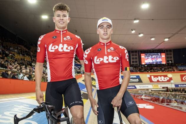 Belgian Noah Vandenbranden and Belgian Gianluca Pollefliet pictured during the first day of the Zesdaagse Vlaanderen-Gent six-day indoor Track cycling, Rad, Radsport, Bahnrad, Bahn event at the indoor cycling arena t Kuipke, Tuesday 12 November 2024, in Gent. DAVIDxPINTENS  x105264377x