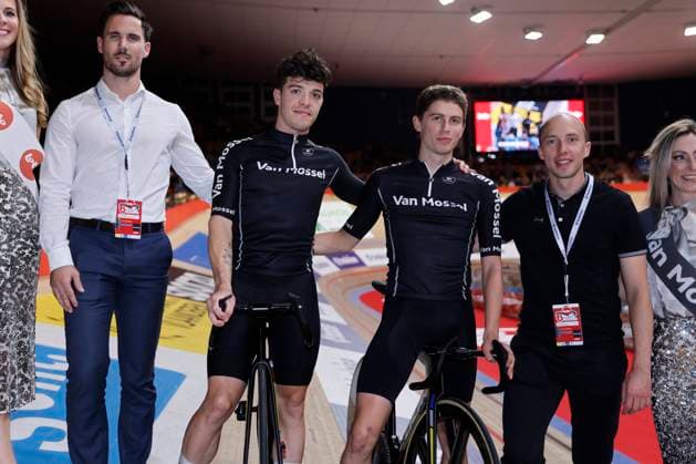 Lotto Six Days Flanders Ghent 2024 GENT, BELGIUM - NOVEMBER 12 : Nilsson-Julien Oscar (FRA) of Van Mossel and Tabellion Valentin (FRA) of Van Mossel pictured during the 83th edition of the Six Days of Flanders-Ghent. The Six Days of Ghent ( Zesdaagse van Gent in Dutch) is a cycling event on the Kuipke cycling track in the Citadel Park in Ghent. On November 12, 2024 in Gent, Belgium, 12 11 2024 Gent Belgium  Copyright: xJanxDexMeuleneirx