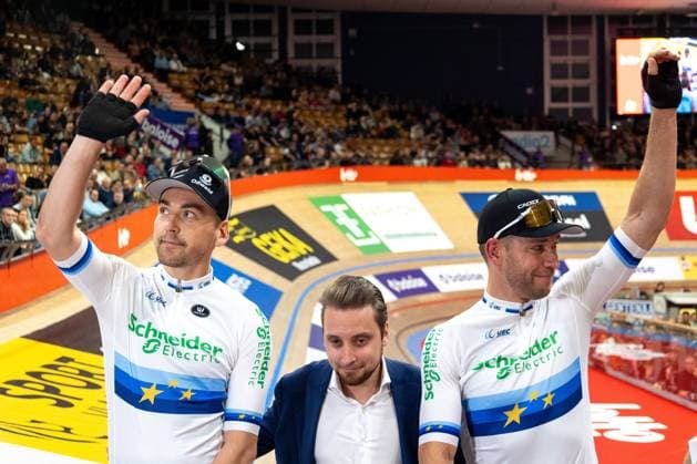 German Roger Kluge and German Theo Reinhardt pictured before the first day of the Zesdaagse Vlaanderen-Gent six-day indoor Track cycling, Rad, Radsport, Bahnrad, Bahn event at the indoor cycling arena t Kuipke, Tuesday 12 November 2024, in Gent. WARDxVANDAEL  x105264649x