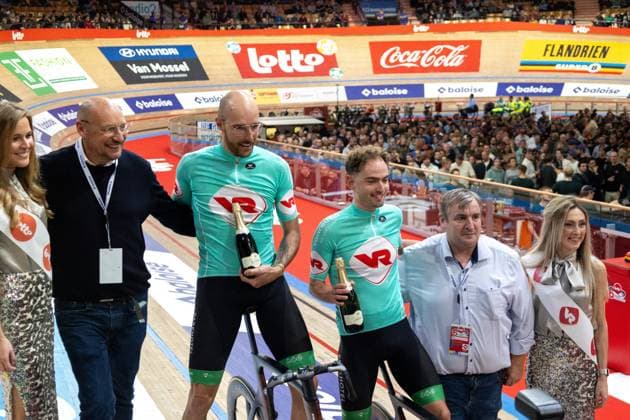 Dutch Jan-Willem van Schip and Dutch Yanne Dorenbos pictured before the first day of the Zesdaagse Vlaanderen-Gent six-day indoor Track cycling, Rad, Radsport, Bahnrad, Bahn event at the indoor cycling arena t Kuipke, Tuesday 12 November 2024, in Gent. WARDxVANDAEL  x105264651x