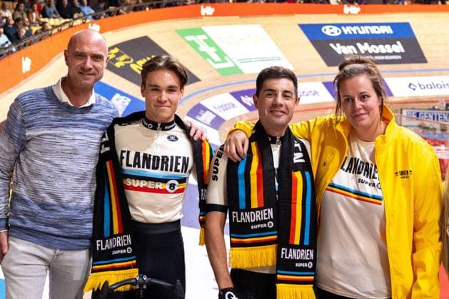 Belgian Milan Van den Haute and Spanish Sebastian Mora Vedri pictured before the first day of the Zesdaagse Vlaanderen-Gent six-day indoor Track cycling, Rad, Radsport, Bahnrad, Bahn event at the indoor cycling arena t Kuipke, Tuesday 12 November 2024, in Gent. WARDxVANDAEL  x105264655x