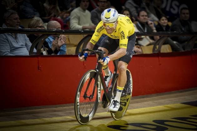 Belgian Jules Hesters pictured in action during the first day of the Zesdaagse Vlaanderen-Gent six-day indoor Track cycling, Rad, Radsport, Bahnrad, Bahn event at the indoor cycling arena t Kuipke, Tuesday 12 November 2024, in Gent. DAVIDxPINTENS  x105267931x