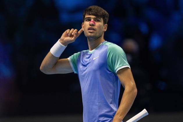 Spain s Carlos Alcaraz react during the singles tennis match of the ATP, Tennis Herren World Tour Finals against Russia s Andrey Rublev& xa0;& xa0;at the Inalpi Arena in Turin, Italy - - Wednesday, November 13, 2024.  Copyright: xMarcoxAlpozzi LaPressex