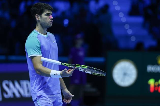 Carlos Alcaraz of Spain vs Andrey Rublev of Russia - Nitto ATP, Tennis Herren FINALS 2024 Turin - 13 11 2024 Carlos Alcaraz of Spain seen in actions during Men s Singles Group Stage match against Andrey Rublev of Russia on day four of the Nitto ATP Finals 2024 at Inalpi Arena Copyright: xBEAUTIFULxSPORTS Carabellix