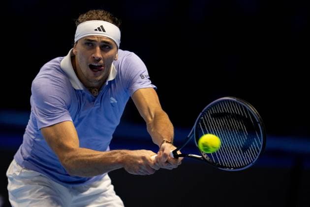 Germany s Alexander Zverev returns the ball to Norway s Casper Ruud& xa0;during& xa0;their singles tennis match of the ATP, Tennis Herren World Tour Finals at the Inalpi Arena, in Turin, Italy - - Wednesday, November 13, 2024.  Copyright: xMarcoxAlpozzi LaPressex