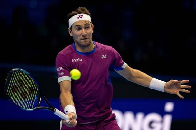 Norway s Casper Ruud returns the ball to Germany s Alexander Zverev& xa0;during& xa0;their singles tennis match of the ATP, Tennis Herren World Tour Finals at the Inalpi Arena, in Turin, Italy - - Wednesday, November 13, 2024.  Copyright: xMarcoxAlpozzi LaPressex