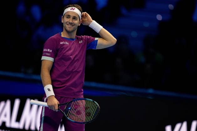 Norway s Casper Ruud& xa0; react during the singles tennis match of the ATP, Tennis Herren World Tour Finals against Germany s Alexander Zverev at the Inalpi Arena in Turin, Italy - - Wednesday, November 13, 2024.  Copyright: xMarcoxAlpozzi LaPressex