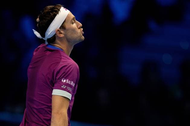 Norway s Casper Ruud& xa0; react during the singles tennis match of the ATP, Tennis Herren World Tour Finals against Germany s Alexander Zverev at the Inalpi Arena in Turin, Italy - - Wednesday, November 13, 2024.  Copyright: xMarcoxAlpozzi LaPressex