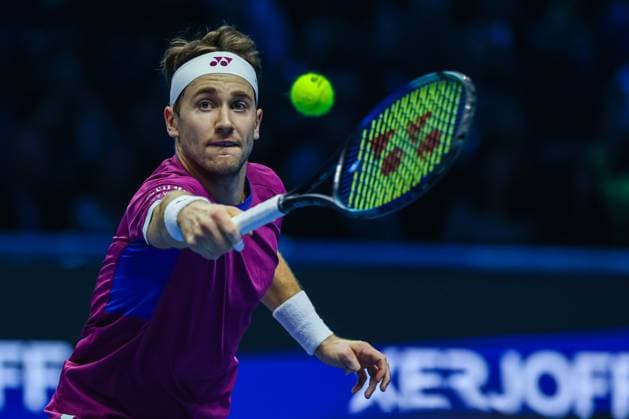 Alexander Zverev of Germany vs Casper Ruud of Norway - Nitto ATP, Tennis Herren FINALS 2024 Turin - 13 11 2024 Casper Ruud of Norway seen in actions during Men s Singles Group Stage match against Alexander Zverev of Germany on day four of the Nitto ATP Finals 2024 at Inalpi Arena Copyright: xBEAUTIFULxSPORTS Carabellix