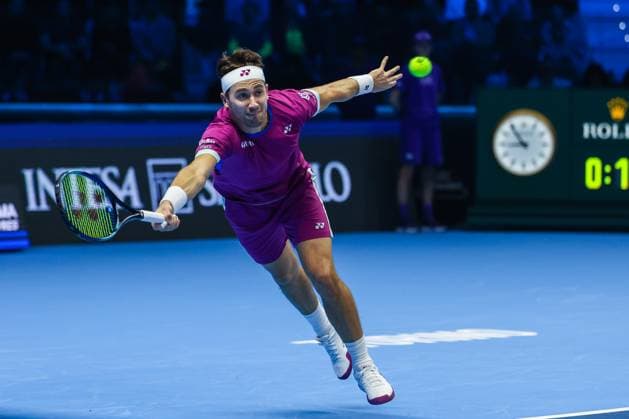 Alexander Zverev of Germany vs Casper Ruud of Norway - Nitto ATP, Tennis Herren FINALS 2024 Turin - 13 11 2024 Casper Ruud of Norway seen in actions during Men s Singles Group Stage match against Alexander Zverev of Germany on day four of the Nitto ATP Finals 2024 at Inalpi Arena Copyright: xBEAUTIFULxSPORTS Carabellix